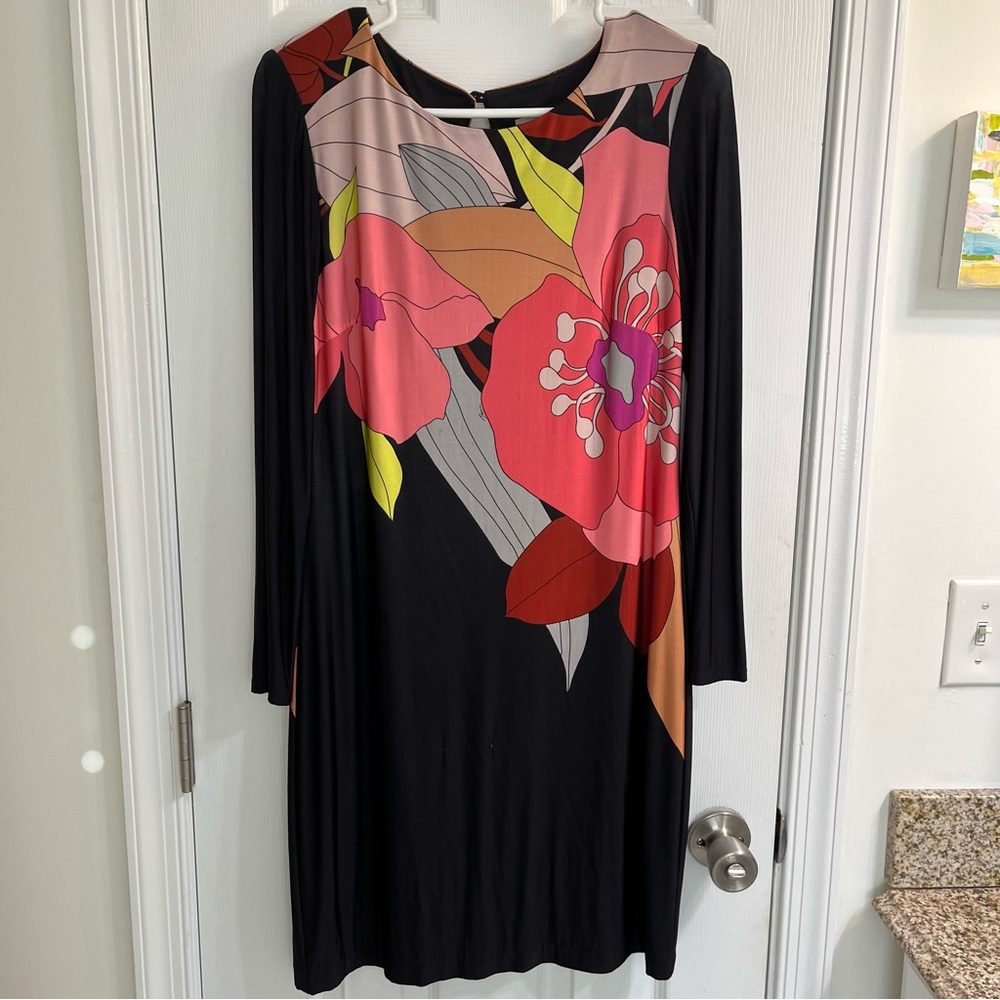 Trina Turk Black Sheath Dress with Pop Art Floral Size 4